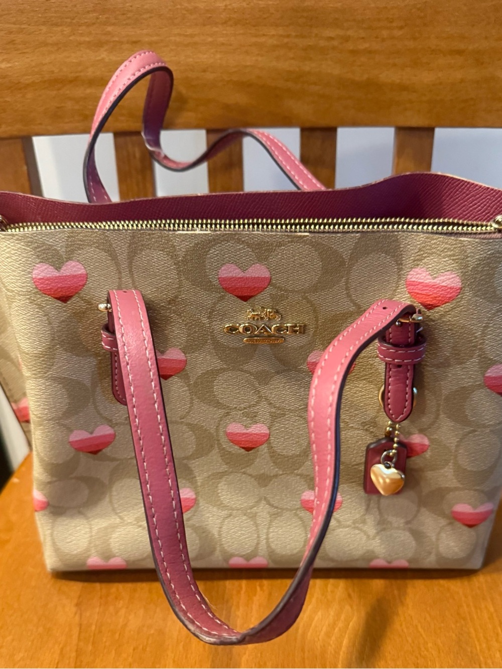 Coach Beige Signature Tote with Pink Heart Print
